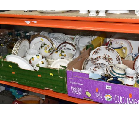 FIVE BOXES AND LOOSE CERAMIC AND GLASSWARE, to include Denby jug, two teapots and large plate, Royal Doulton 'Kendal' H5171 d