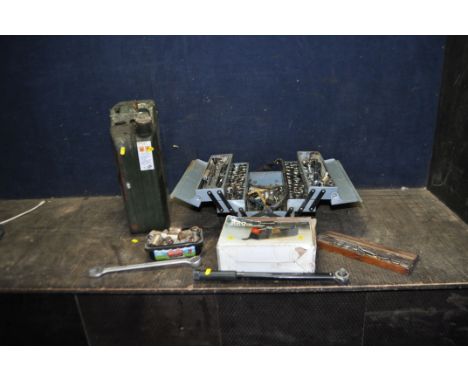 A SELECTION OF AUTOMOTIVE TOOLS, including sockets, spanners, rachets, torque wrench by makers such as Halfords, Draper, Elor