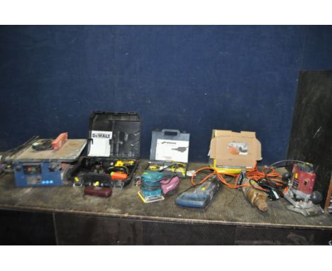 A COLLECTION OF POWER TOOLS, comprising a DeWalt DC725 18v drill with case, two discharged batteries but no charger (untested