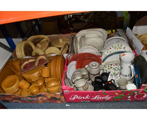 SIX BOXES OF CERAMIC DINNERWARE AND SUNDRIES, to include Crown Ducal 'Concorde' oven to tableware, Abaty stoneware, J&amp;G M