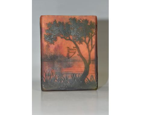 A RECTANGULAR DAUM NANCY 'PAYSAGE' GLASS VASE with a lake scene on a red-orange background, marked 'Daum Nancy,' height 12cm 