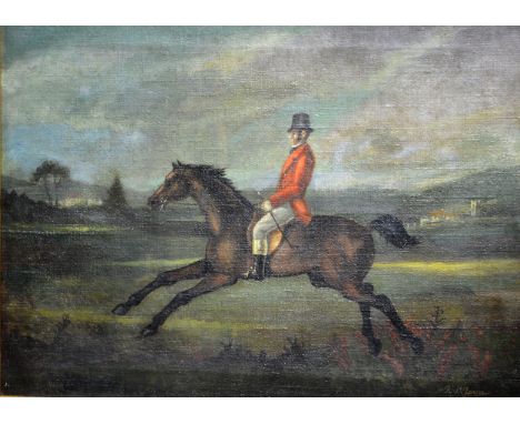 R McLaurin(?), huntsman in a landscape, oil on canvas, inscribed "Cork", 44x59cm, restored.