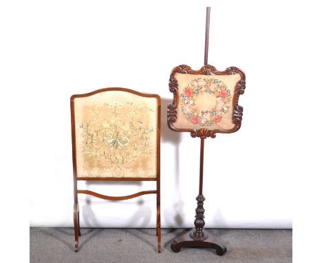 Victorian rosewood pole screen, carved frame enclosing a woolwork panel, turned and carved column, triform base, height 158cm