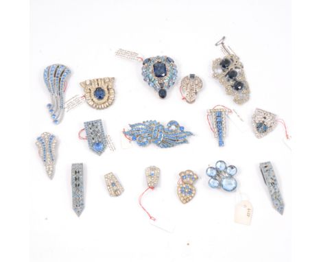 Sixteen vintage Art Deco dress clips, various shades of blue paste, 25-70mm.