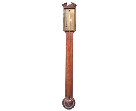 George III mahogany stick barometer, architectural pediment, boxwood and ebony outlines, turned cistern cover, engraved brass