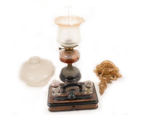 Victorian oil lamp, glass reservoir, frosted shade, complete with chimney, 56cm overall; a frosted glass lampshade; a Florent