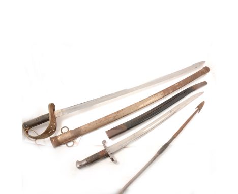 A bayonet, unmarked blade, leather bound scabbard, a sabre, blade marked 7/89, Weyersberg Kirschbaum &amp; Cie, Solingen, met