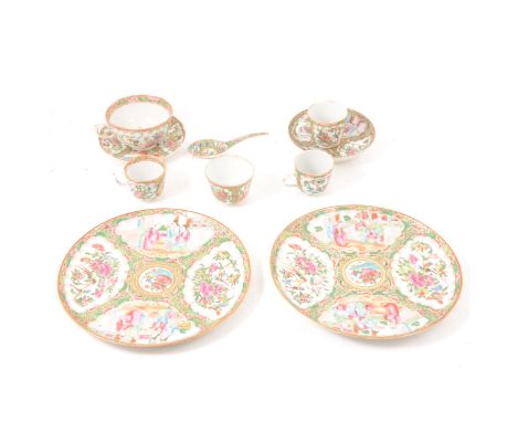 A quantity of Cantonese famille rose tea and tableware, including serving dish, square shape, blue and gilt floral design to 