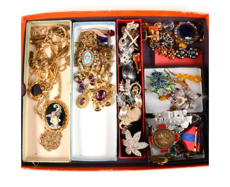 An "Excuisite" enamel flower brooch and two others set with marcasite, Victorian style gilt metal and turquoise pendant, thre
