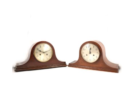 Walnut domed mantle clock, striking movement, 45cm; and an oak mantle clock. (2)