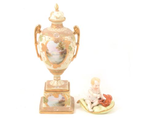 A Sitzendorf model of a child and puppy on a cushion, 9.5cm x 10cm; and a Noritake twin-handled pedestal vase and cover, crea