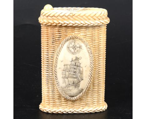 Carved bone box, probably late 19th /early 20th Century, oval body with carved basket weave, oval cartouche to both sides eng