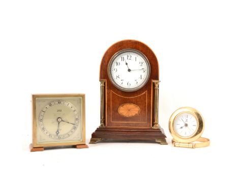 Edwardian inlaid mahogany mantel clock, domed case, French cylinder movement, non striking, 23cm, an Elliott walnut and brass