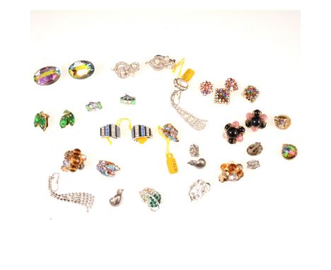 Sixteen pairs of large vintage earrings for non-pierced ears,clear and coloured paste, aurora, two pairs with water melon pas