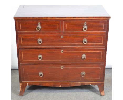 George III mahogany chest of drawers, rectangular top, two short and three long graduating drawers, splayed bracket feet, wid