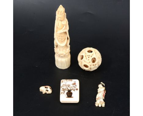 Japanese ivory and shibayama vesta case, Meiji, rectangular form 5.5cm, a painted ivory folding tool designed as a geisha, a 