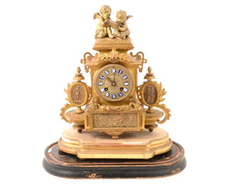 19th Century French gilt spelter mantel clock, the case with cerub mount, scrolled outlines and classical panels, the dial wi