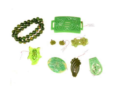 Eight pieces of vintage green bakelite jewellery, 12cm bead necklace, 50cm long, floral belt buckle 55x110mm, pair of 15mm fl