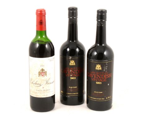 1963 Late Bottled Cavendish Vintage Vin de Liqueur, South Africa, - two bottles, 1993 Chateau Musare, Lebanon Bekaa Valey - o