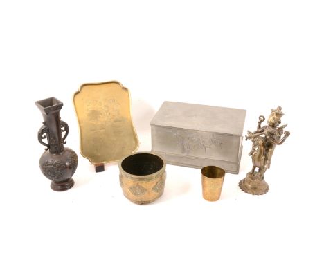 A small Chinese brass censer, key frieze above lozenge panels, 8cm x 10cm; a Kut Hing pewter box, engraved dragons on lid, ba