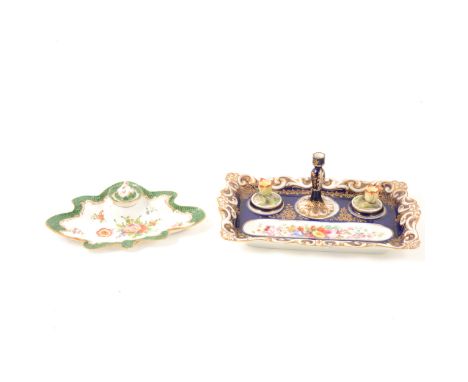 A Dresden porcelain desk stand, naturalistic form, painted floral sprays within a green scale border, width 23cm; and a Victo