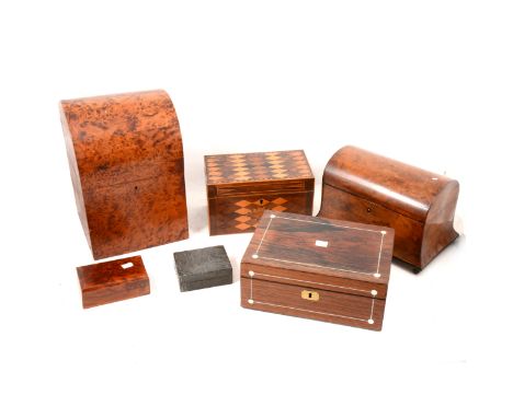 A yew wood box, removable compartmentalised section, domed top, key, 30cm x 20cm x 20cm; a walnut tea caddy, two compartments