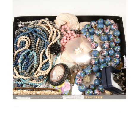 A tray of vintage and modern costume jewellery, 14mm blue enamel bead necklace, 80cm, shell and cotton necklace, other bead n