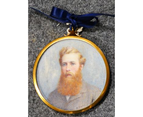 Fe. Sugars, portrait miniature of a bearded gentleman, signed, watercolour on ivory roundel, 7cm diam.