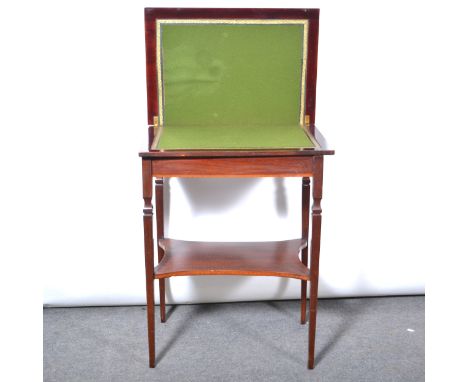 Edwardian inlaid mahogany card table, rectangular fold-over top, satinwood cross-banding, boxwood and ebony stringing, plain 