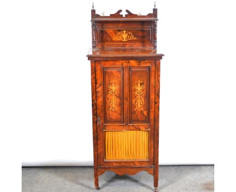 Victorian rosewood music cabinet, raised shelf, marquetry and walnut panel door, square tapering legs, width 55cm, depth 37cm