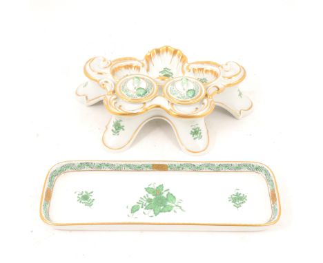 Herend, Hungary, a twin inkwell and dish in 'Chinese Bouquet' pattern, the inkwell 24cm wide, 6cm high, the rectangular dish 