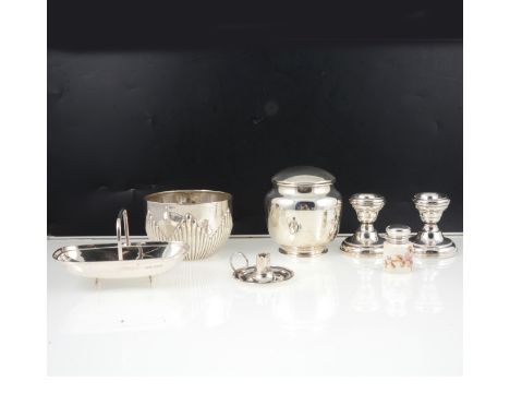 A silver tea caddy, Levi &amp; Salaman, Birmingham 1918, ovoid form, on circular foot, removable lid, 8.5cm; and a Victorian 