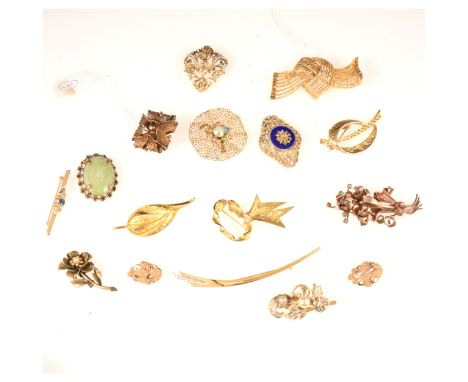 Fourteen vintage gilt metal brooches, Capri bow brooch, 70mm, filigree brooch, 28mm, rose metal floral spray, 70mm, Past Time