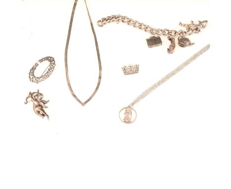 Collection of modern and vintage silver jewellery, curb link bracelet (no fastener) with four charms, chain necklaces, locket