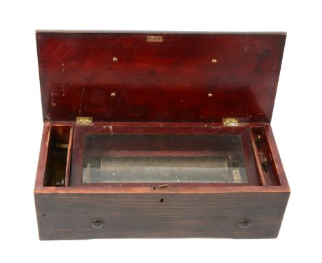 19th Century Swiss mechanical music box, with a rosewood and inlaid case, single cylinder, 20cm comb with one tooth missing, 