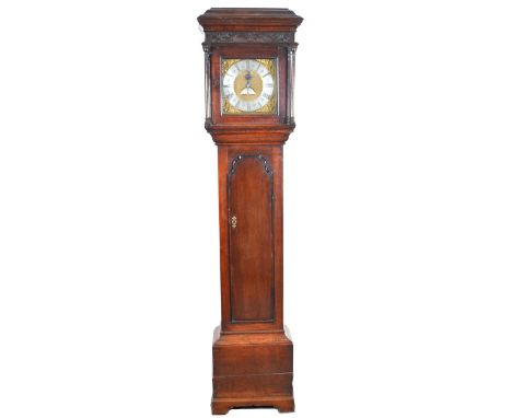 Oak longcase clock, moulded cornice, fretwork frieze, turned columns, long door, bracket feet, 11" square brass dial with cas