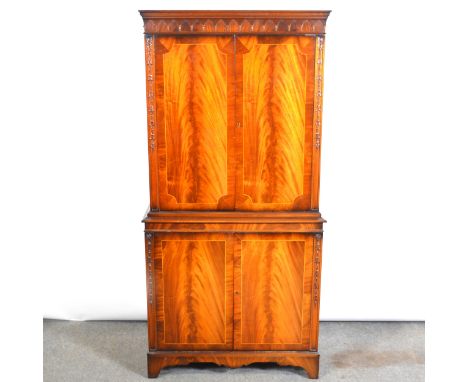 Reproduction mahogany cocktail cabinet, moulded cornice, pendant frieze, bracket feet, fitted interior, width 78cm, depth 40c