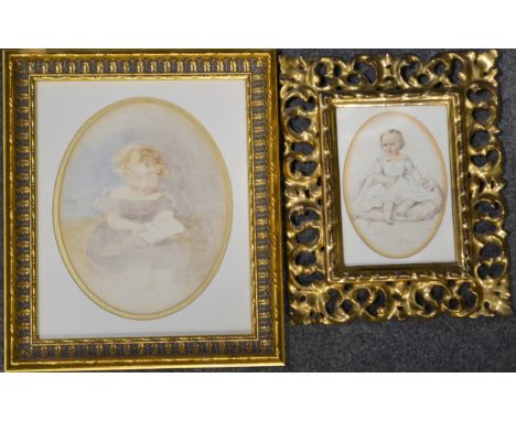 Victorian School, portrait of a young child on a cushion, unsigned, watercolour, Florentine style frame, 12.5cm x 8cm; and a 