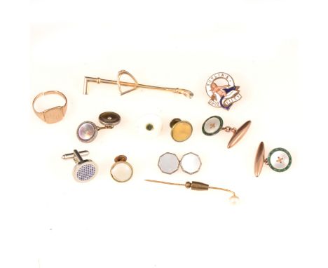 A pair of mother-of-pearl and enamel cufflinks with 9ct. torpedo backs, two other single cufflinks, 6mm cultured pearl tie pi
