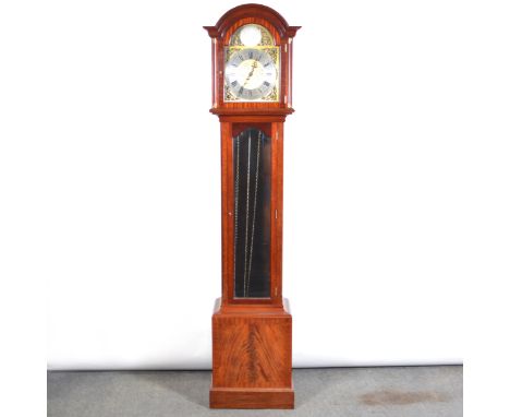 Reproduction mahogany longcase clock, arched brass dial signed Canham, London, three-weight musical striking on twelve gongs,