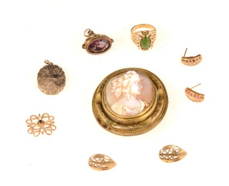 A collection of vintage and modern jewellery, an oval carved shell cameo brooch, female profile in a Pinchbeck mount with gla