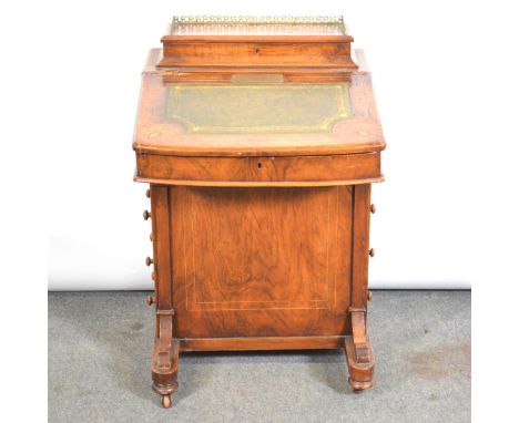 Victorian walnut Davenport desk, scrolled marquetry inlay, four drawers to the right side opposed by dummy drawers, bun feet,