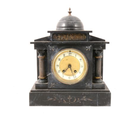 Victorian slate mantel clock, architectural case with metal mounts, circular dial, German cylinder movement striking on a gon