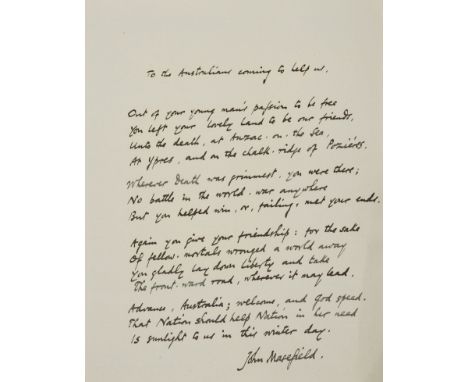 Masefield (John, poet and writer, Poet Laureate from 1930, 1878-1967) To the Australians coming to help us, autograph poem, 1