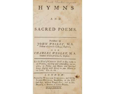 Wesley (John) and Charles Wesley. Hymns and Sacred Poems, first edition, title slightly soiled, browned throughout, contempor