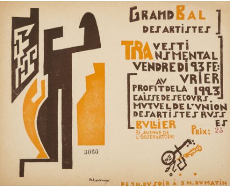 Ballet.- Larionov (Miklhail) Ticket for the Grand Bal Travestie Transmental 1923, 2 copies, printed with abstract design in b