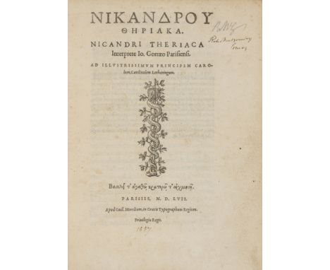 Poisons.- Nicander, Colophonius . Theriaca Interprete Io. Gorræo Parisiensi, 3 parts in 1, collation: a4 A-N4 O2, a4 b6 c-n4,
