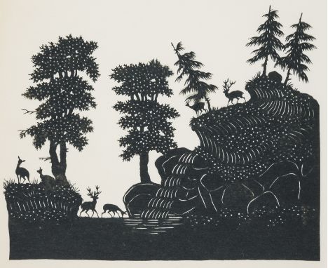 Silhouettes.- Fröhlich (Karl) [11 silhouette scenes cut from black paper], depicting deer at a waterfall, 2 smaller scenes of