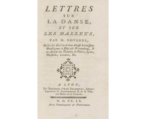 Ballet.- Noverre (Jean Georges) Lettres sur la Danse, et sur les Ballets, first edition, second issue, engraved coat-of-arms 