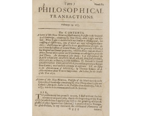 Newton (Sir Isaac).- Philosophical Transactions. Vol.VI. For the Year 1671 [No.69-80], containing:  A Letter of Mr. Isaac New